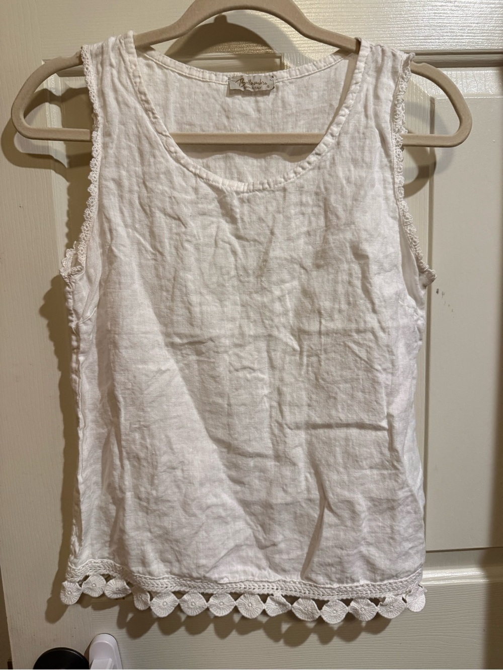 White Crochet-Hem Linen Tank Top Bellambia Linen Lace